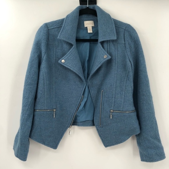CHICO'S Boiled Wool Moto Jacket Zip Up Blue Grey S 4 6 Women Coat Zip Accents - Picture 5 of 11